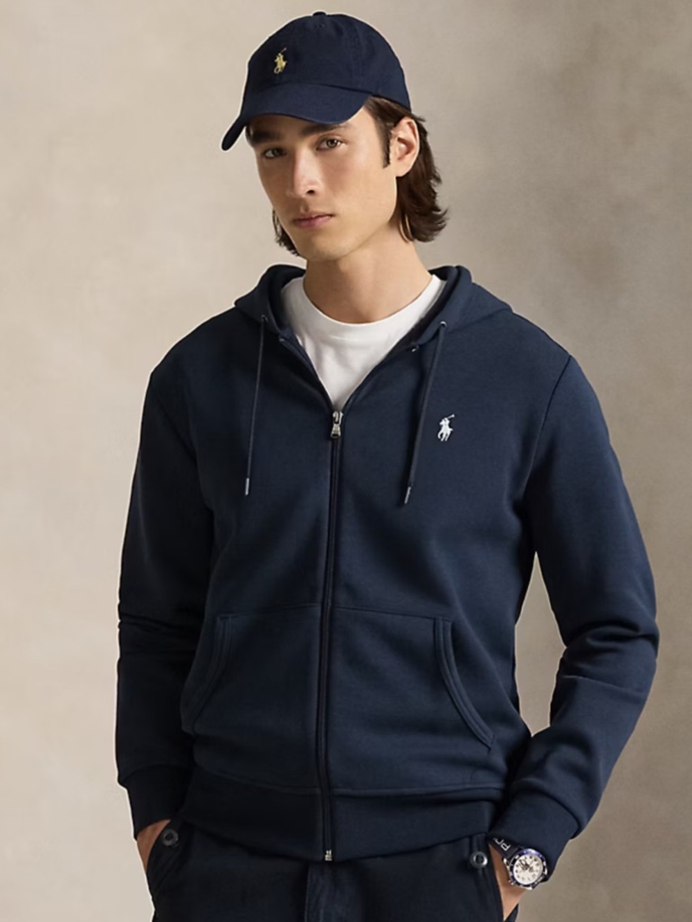Polo Ralph Lauren navy blue double knit hoodie front zip large L
